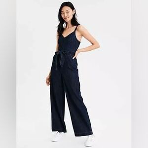 American Eagle Denim Wide Leg Jumpsuit Tie Waist Dark Wash 70s Style Size 0